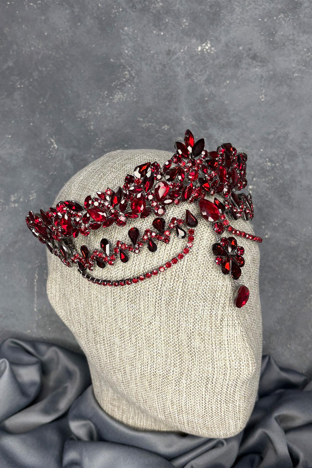 Bordo Dali Alınlık Sallantılı Gelin Kına Tacı Saç Aksesuarı