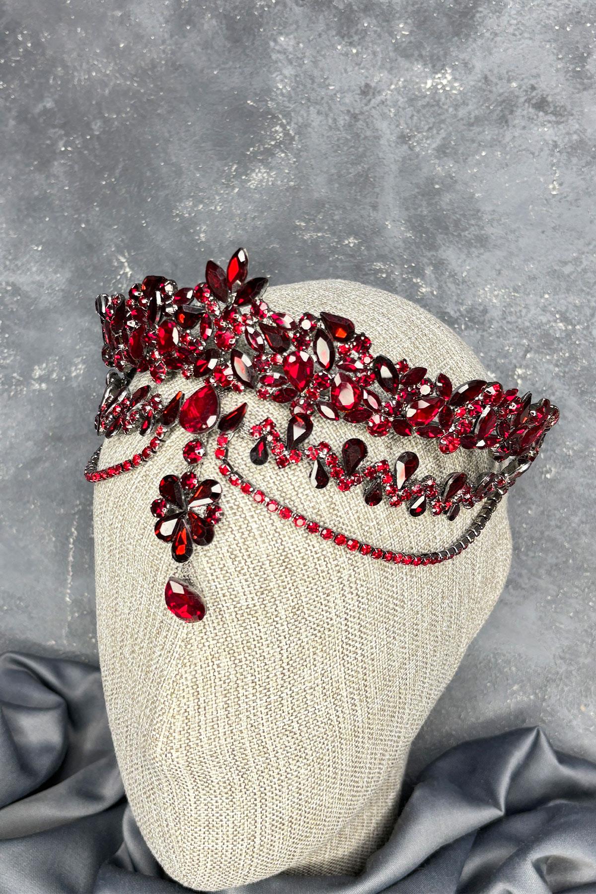 Bordo Dali Alınlık Sallantılı Gelin Kına Tacı Saç Aksesuarı