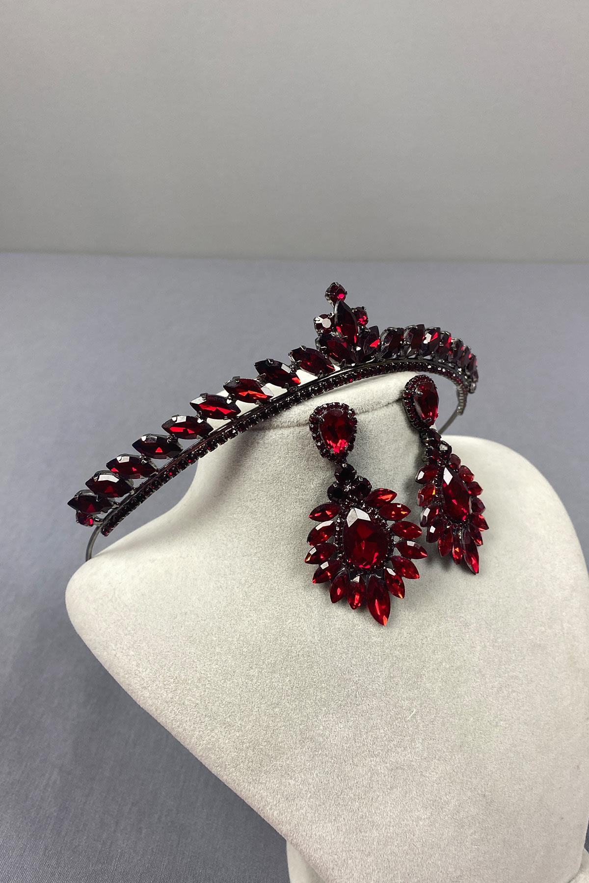 Bordo Ece Gelin Kına Tacı Ve Damla Mekik Küpe Seti