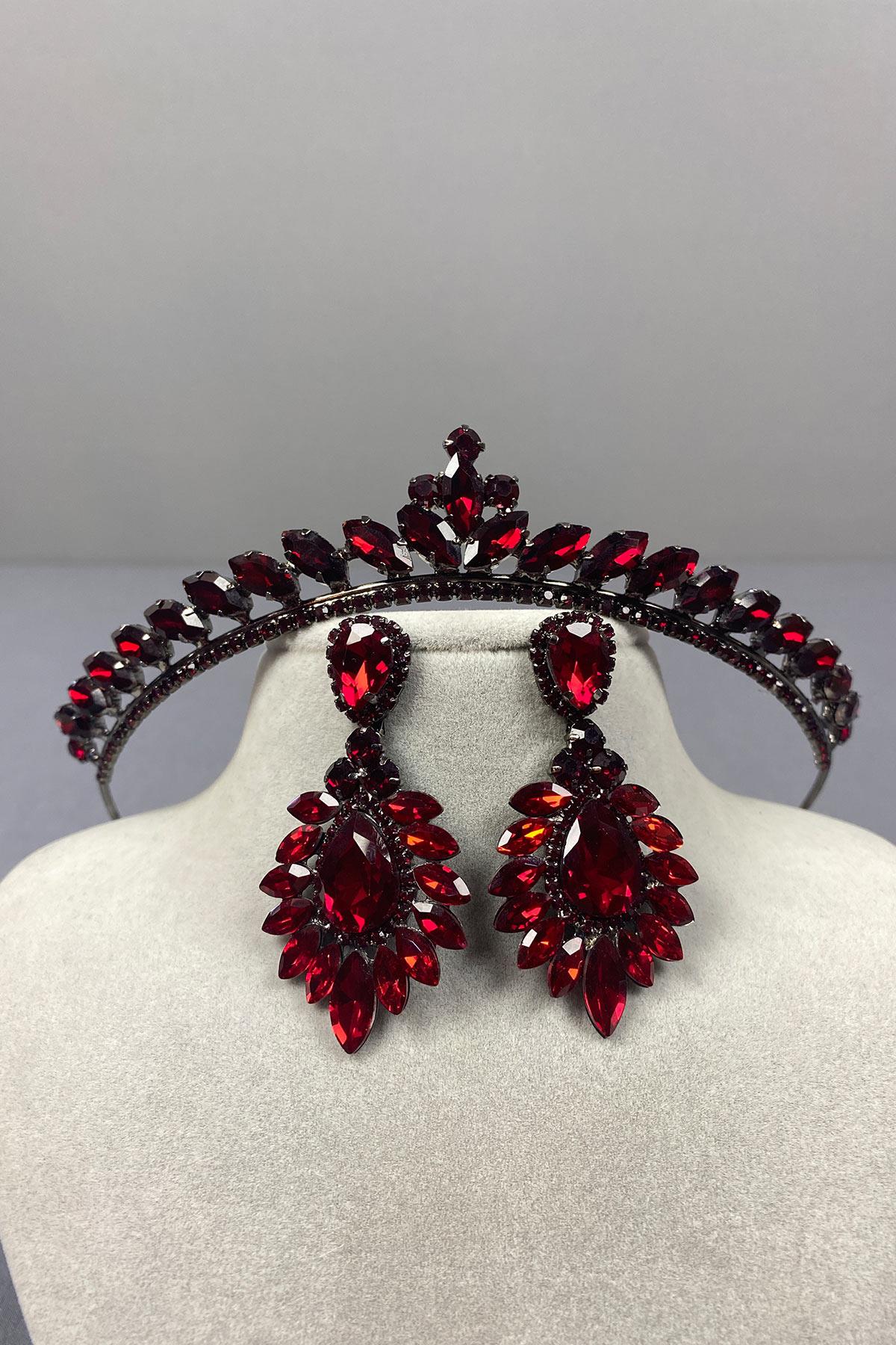 Bordo Ece Gelin Kına Tacı Ve Damla Mekik Küpe Seti