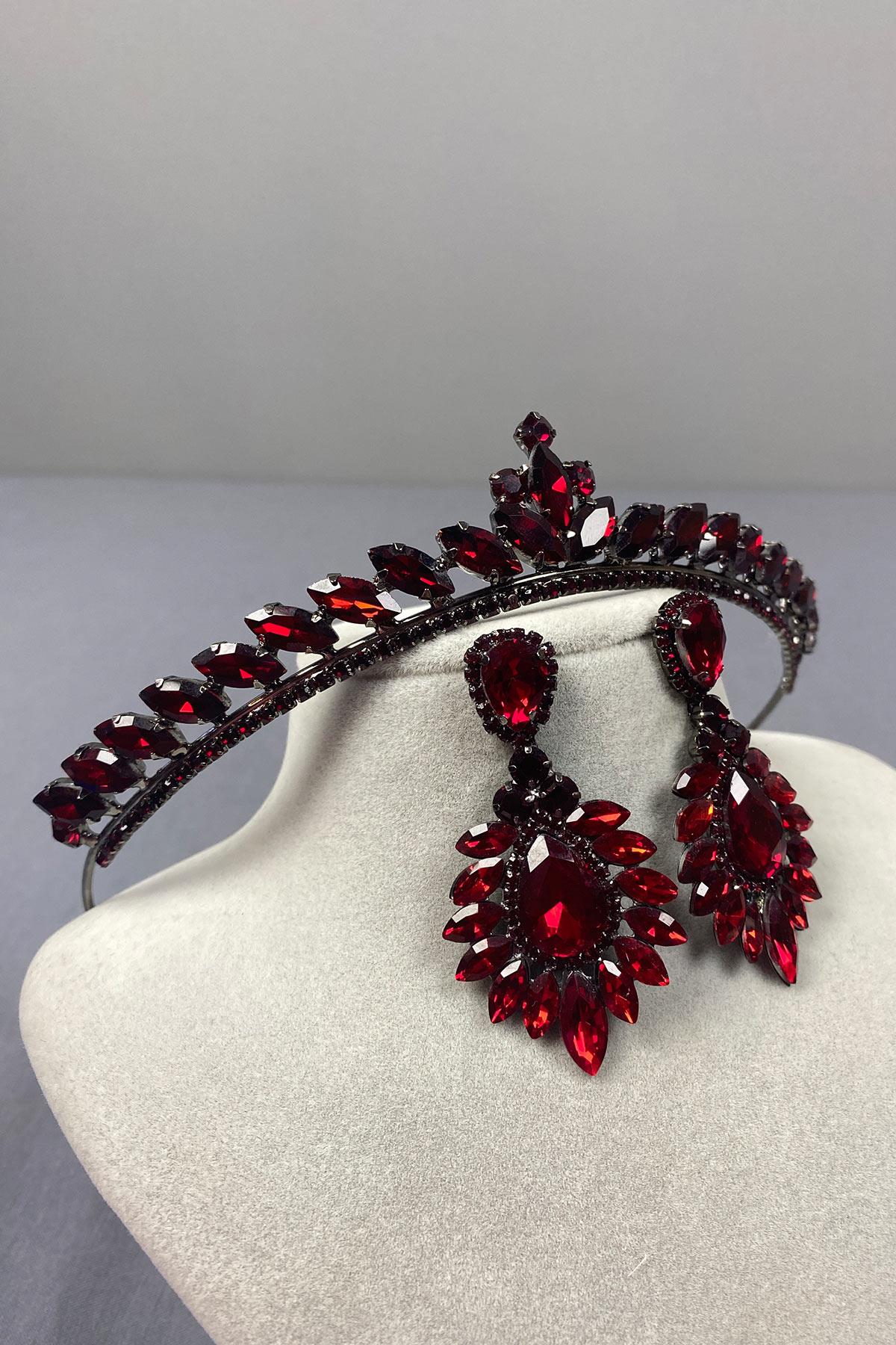 Bordo Ece Gelin Kına Tacı Ve Damla Mekik Küpe Seti