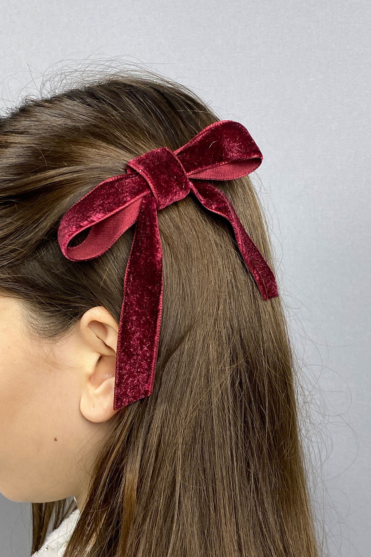 Bordo Fiyonklu Kadife Kurdeleli Saç Tokası