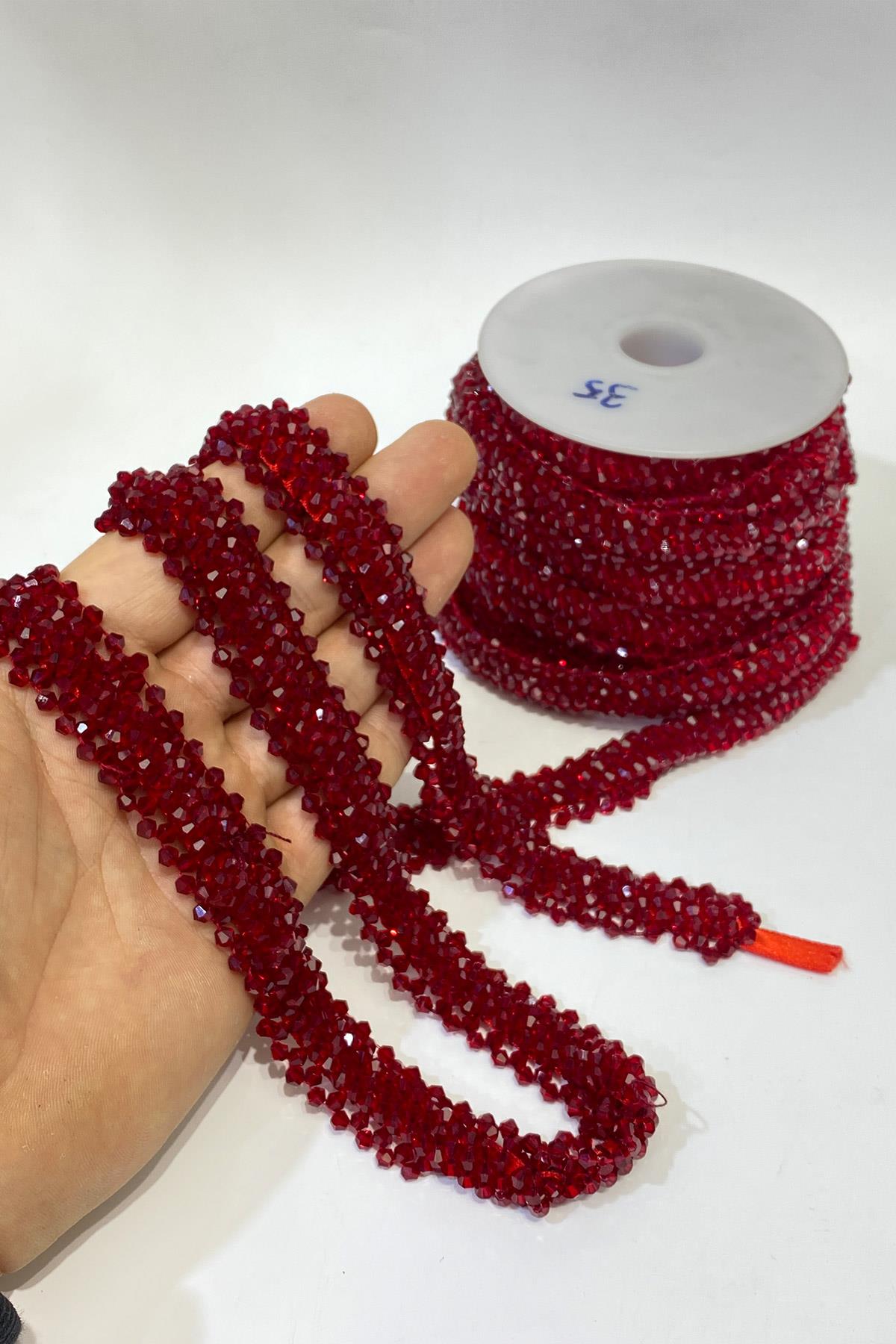 Bordo Geniş Kristal Boncuklu İşlemeli Şerit