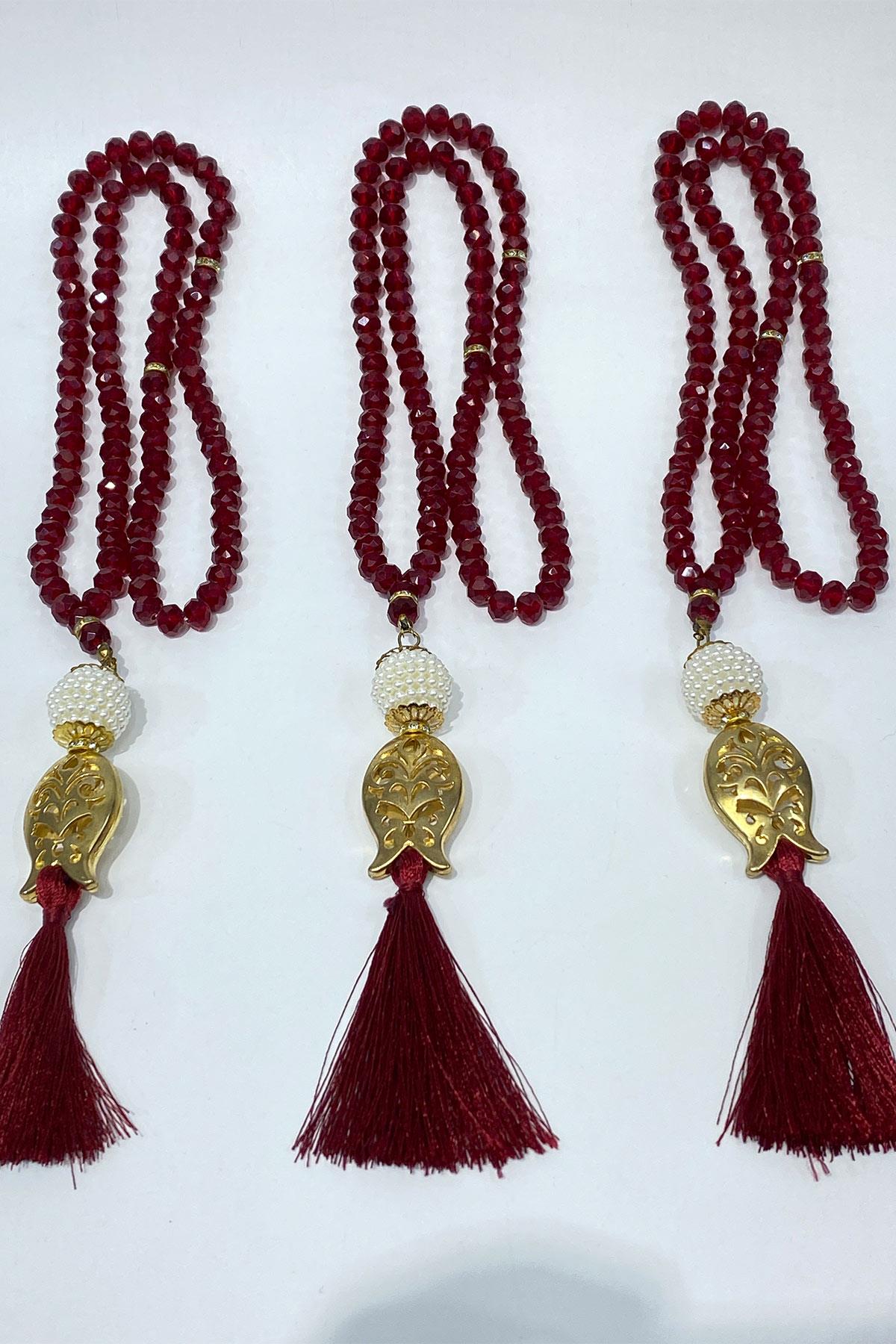 Bordo Hediyelik Laleli Püsküllü Kristal Boncuklu 99 Lu Namaz Tesbihi ( Mevlüt-sünnet-hac-umre)