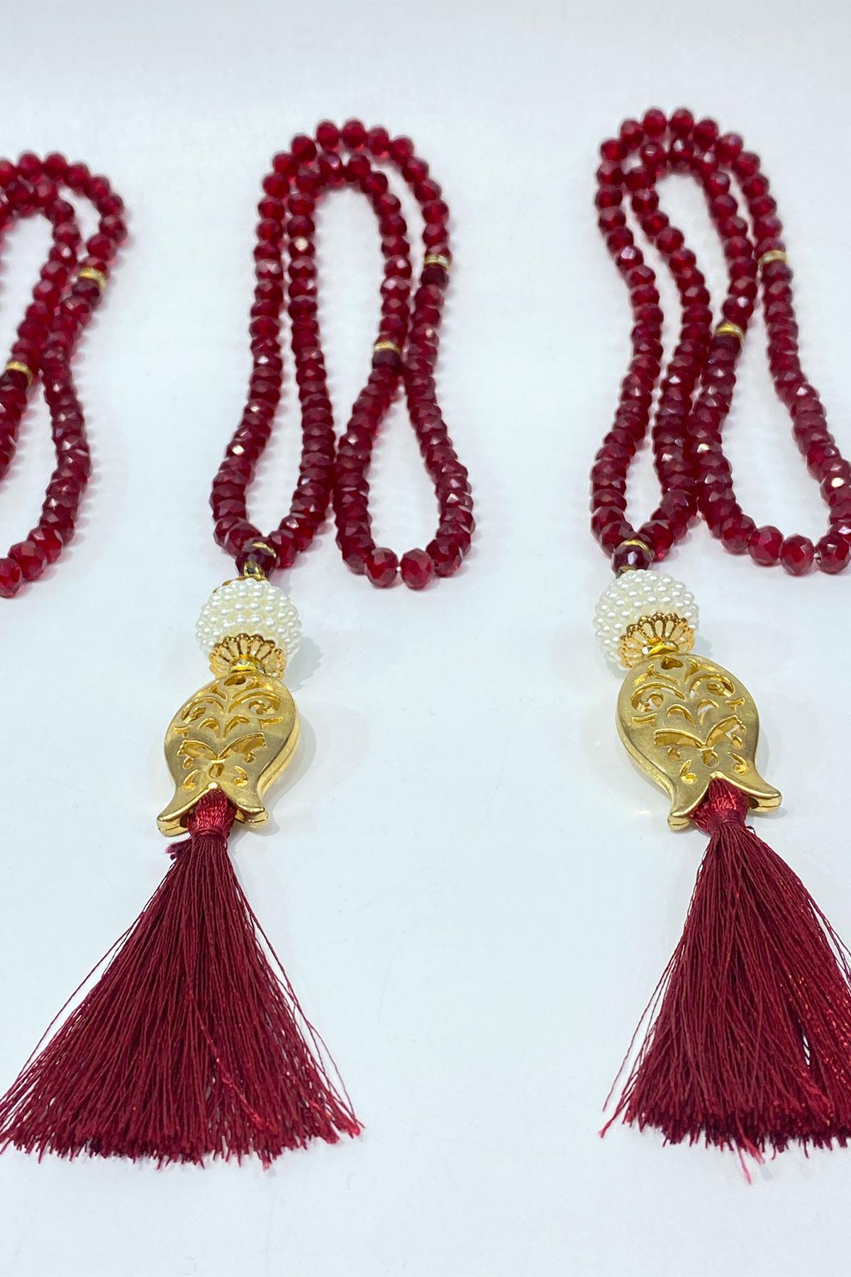 Bordo Hediyelik Laleli Püsküllü Kristal Boncuklu 99 Lu Namaz Tesbihi ( Mevlüt-sünnet-hac-umre)