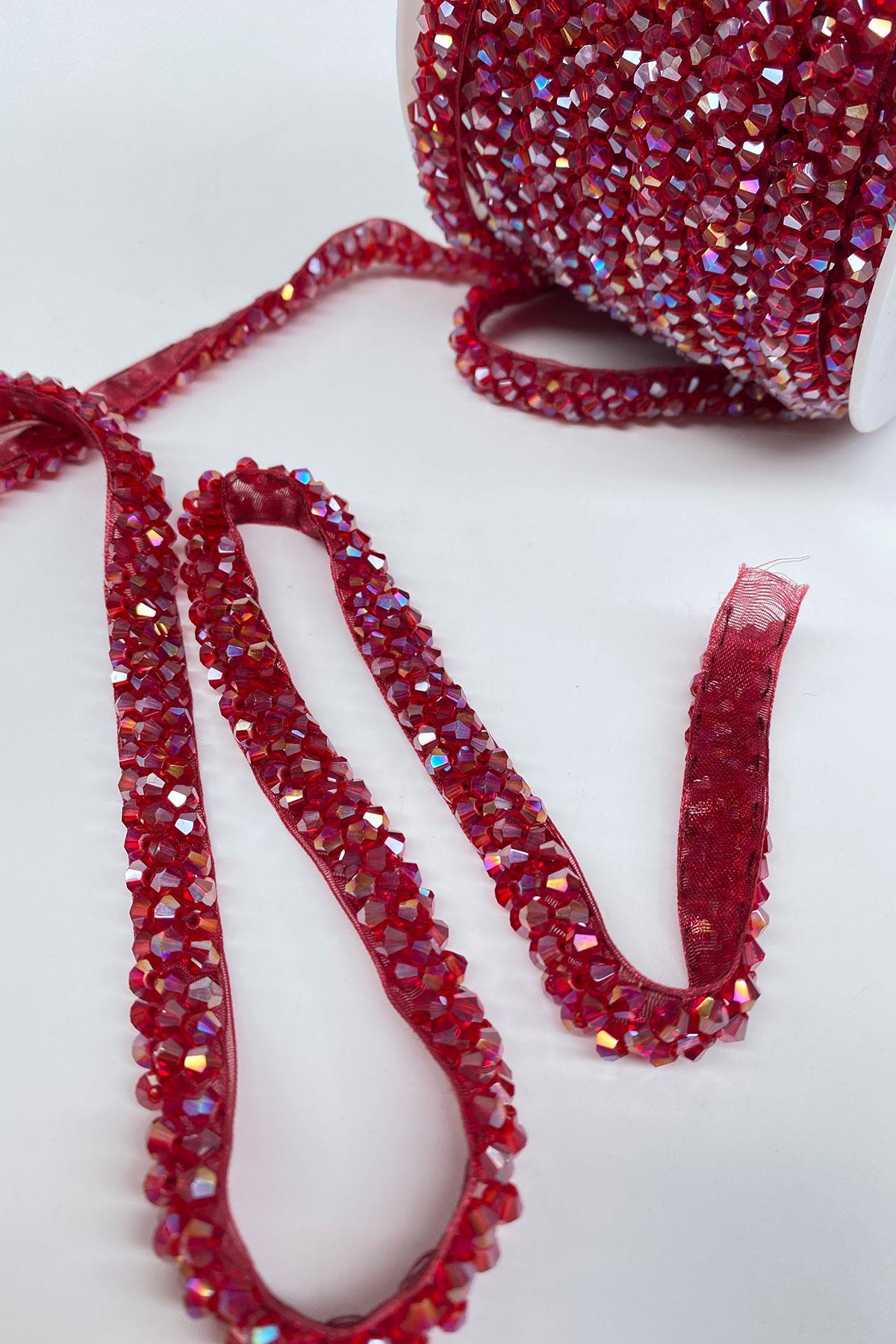 Bordo Janjanlı Kristal Boncuk İşlemeli Şerit