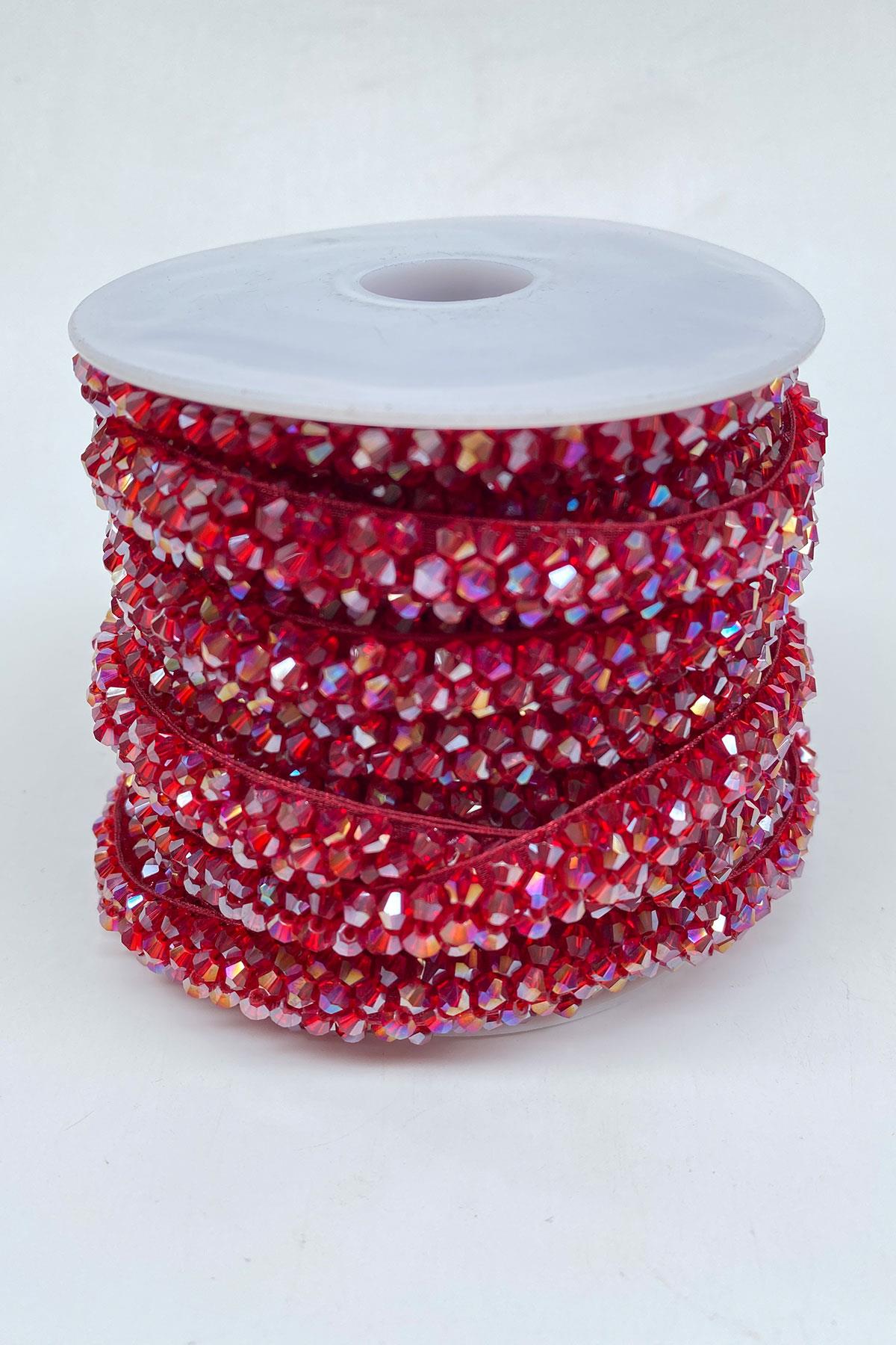 Bordo Janjanlı Kristal Boncuk İşlemeli Şerit