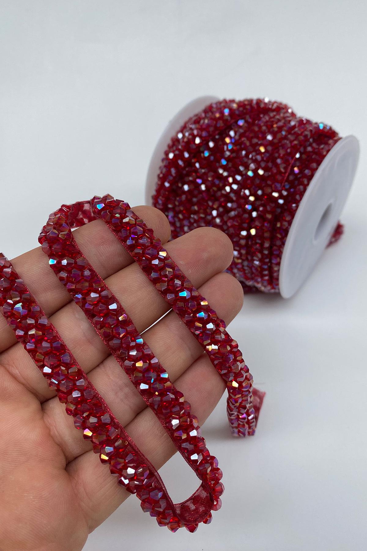 Bordo Janjanlı Kristal Boncuk İşlemeli Şerit