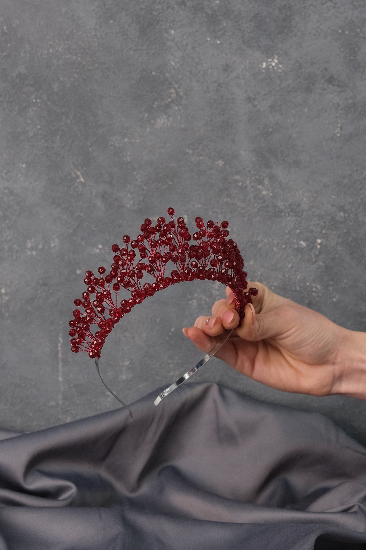 Bordo Kristal Boncuklu Aren Gelin Kına Tacı