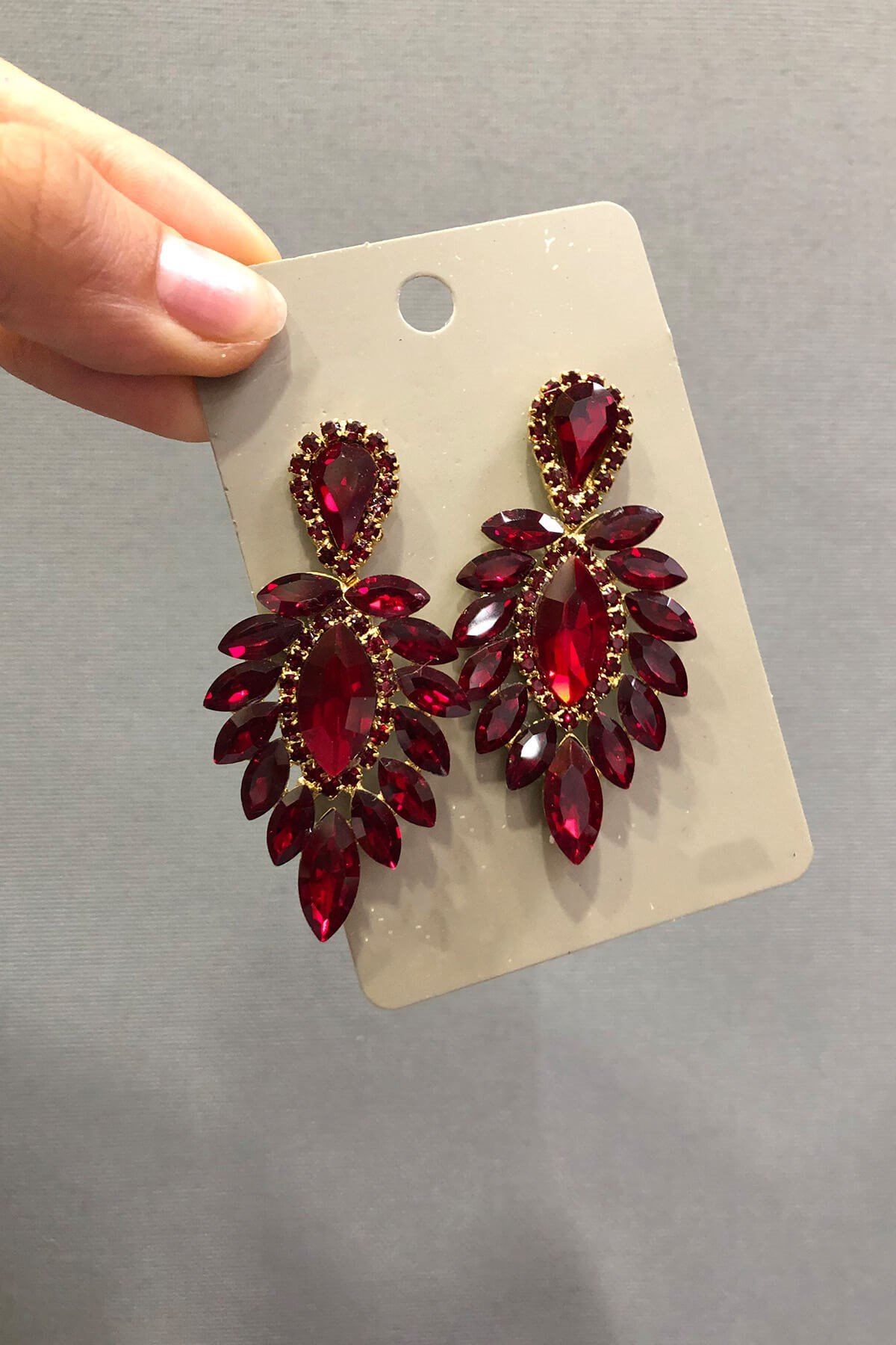 Bordo Kristal Taşlı Sarı Oval Küpe