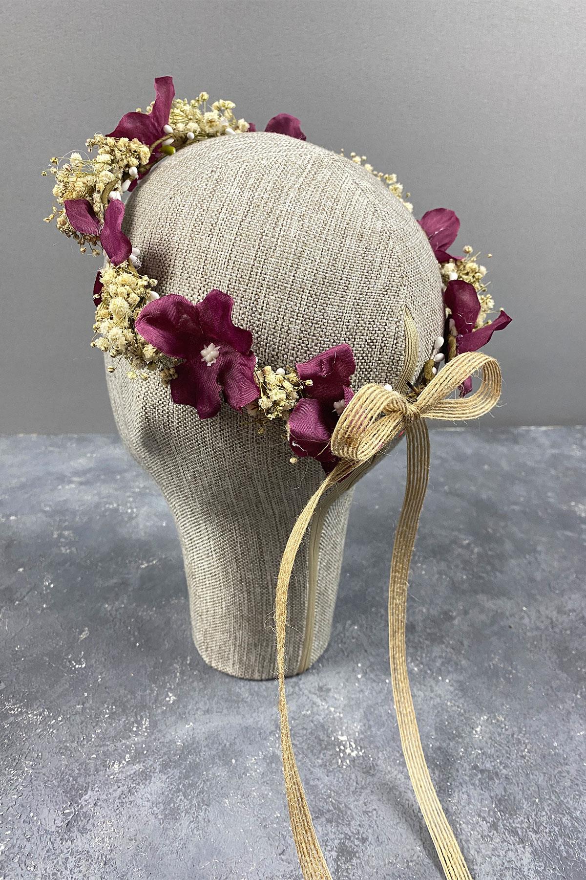 Bordo Ortanca Ve Şoklanmış Cipso Kuru Çiçekli Dış Çekim Gelin Tacı