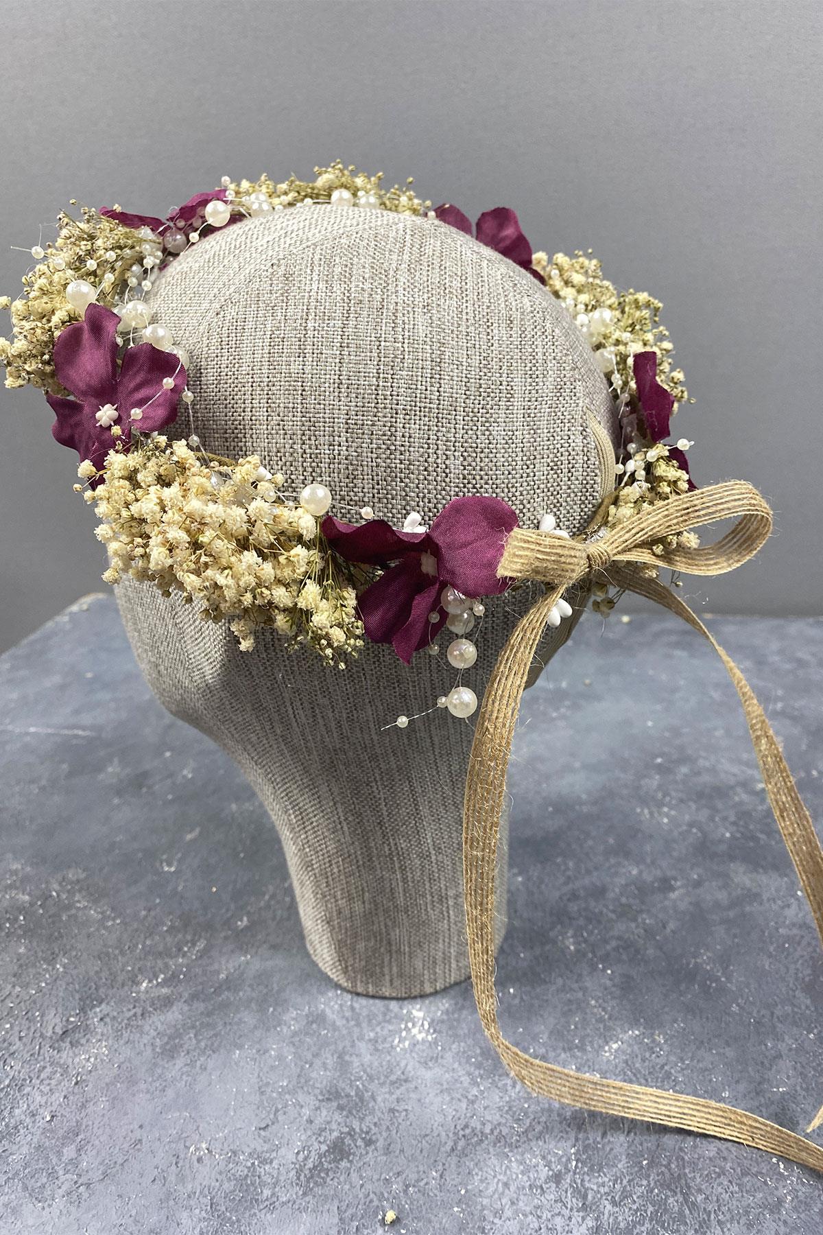 Bordo Ortanca Ve Şoklanmış Cipso Kuru Çiçekli İncili Gelin Tacı