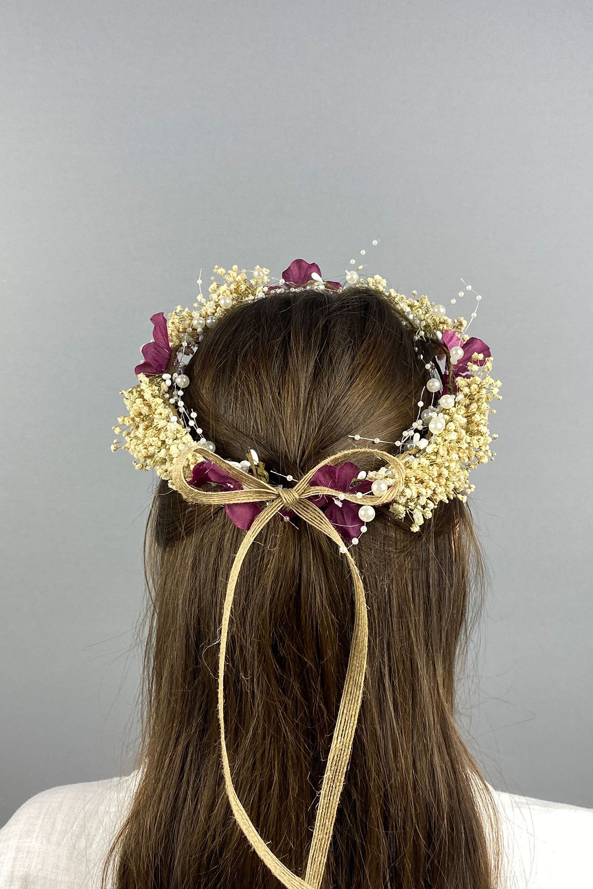 Bordo Ortancalı Kuru Çiçekli İncili Dış Çekim Gelin Saç Aksesuarı