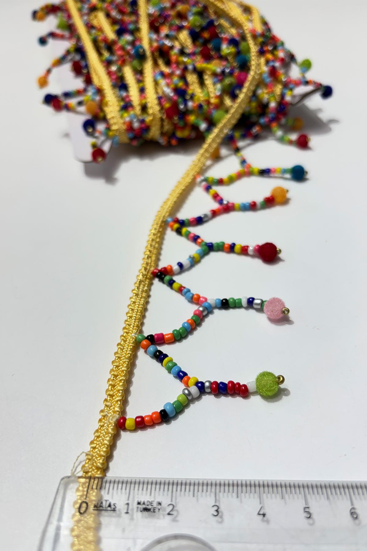 Boru Boncuklu İnce Küçük Püsküllü Dekoratif Şerit Antik Aplik