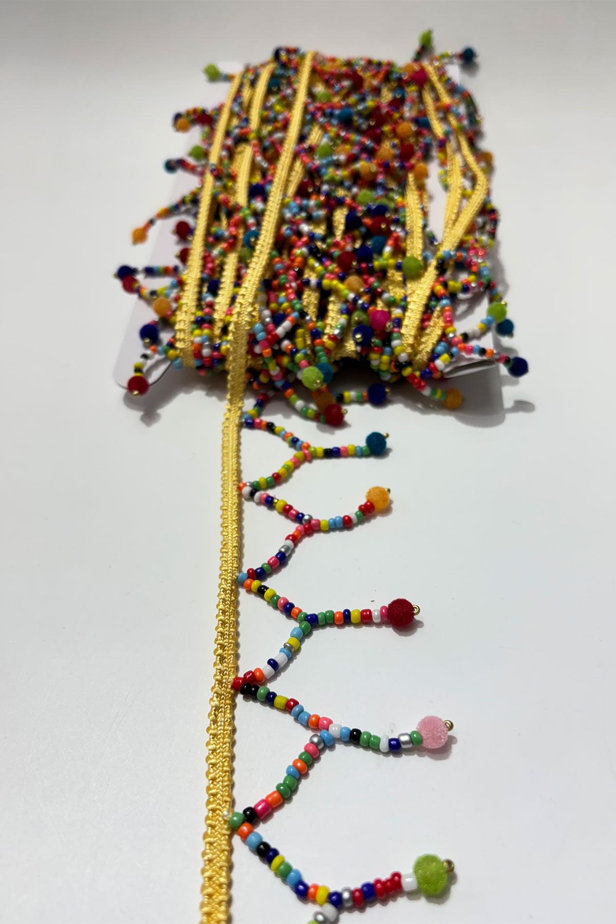 Boru Boncuklu İnce Küçük Püsküllü Dekoratif Şerit Antik Aplik