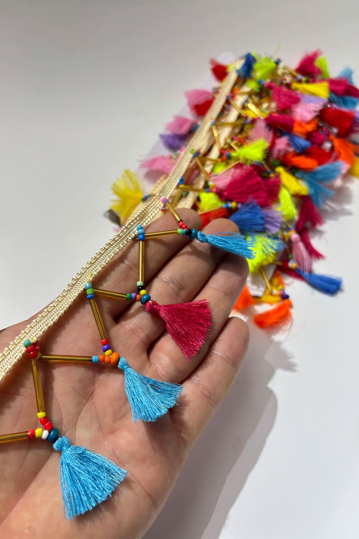 Boru Boncuklu İnce Küçük Püsküllü Dekoratif Şerit Antik Aplik