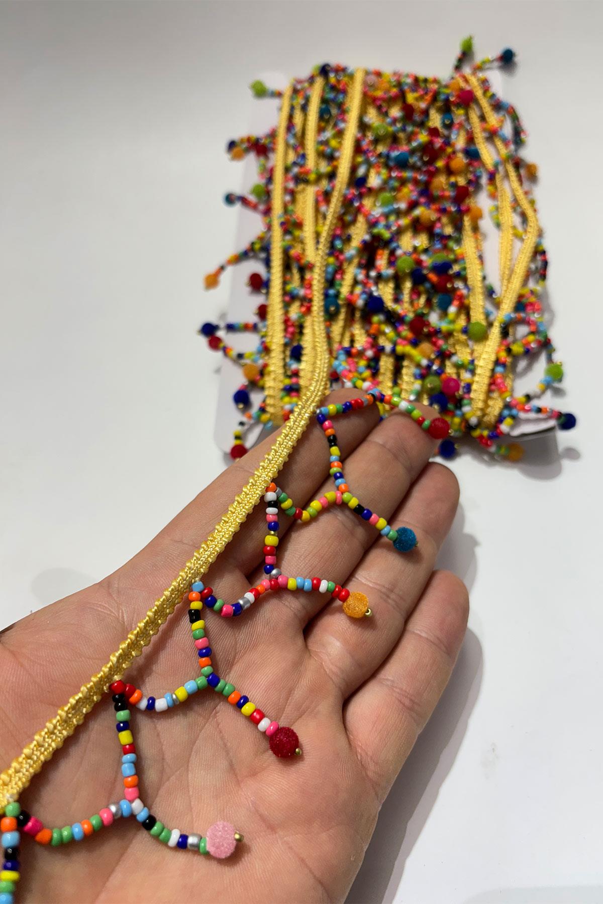 Boru Boncuklu İnce Küçük Püsküllü Dekoratif Şerit Antik Aplik