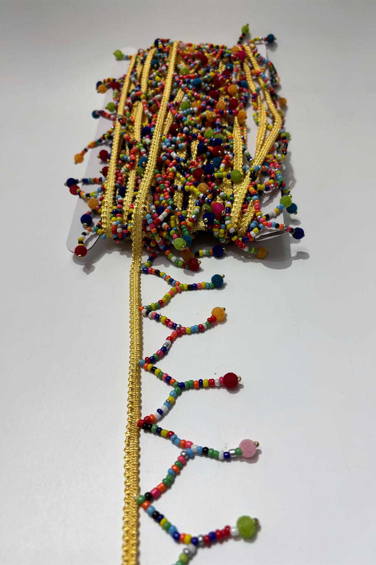 Boru Boncuklu İnce Küçük Püsküllü Dekoratif Şerit Antik Aplik