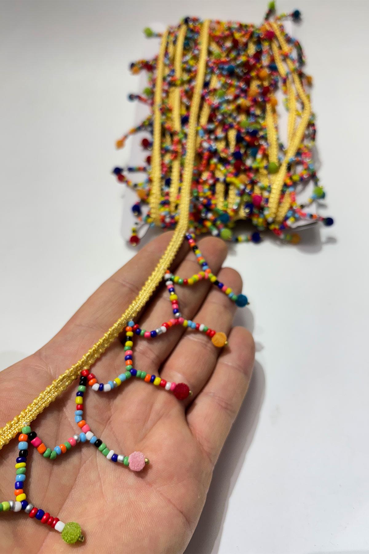 Boru Boncuklu İnce Küçük Püsküllü Dekoratif Şerit Antik Aplik