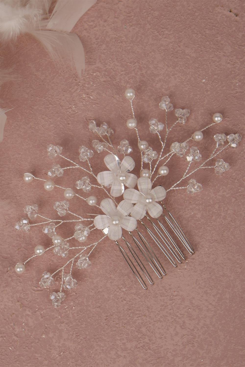 Çiçekli Sıla Boncuklu Gelin Aksesuarı Saç Tokası