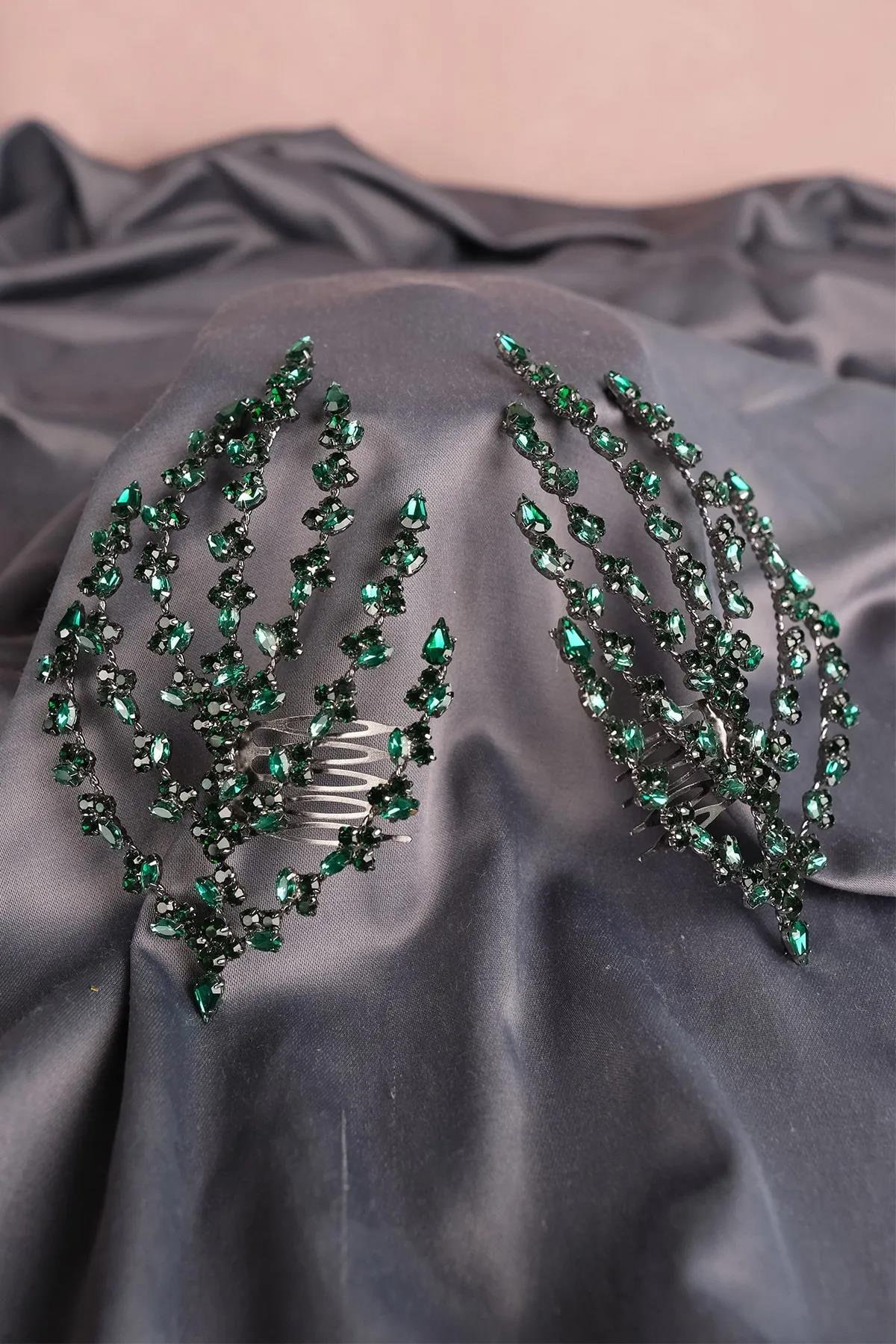 Çift Tarak Tokalı Taşlı Gelin Kına Saç Aksesuarı