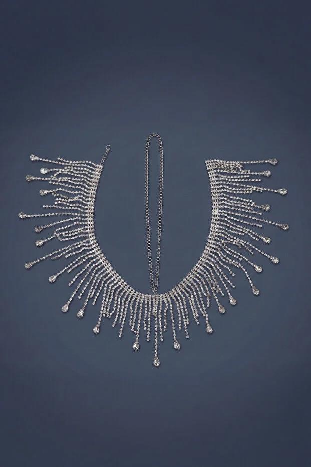 Damla Taşlı Yoğun Püsküllü Gelin Baştacı Abiye Saç Aksesuarı Alınlık