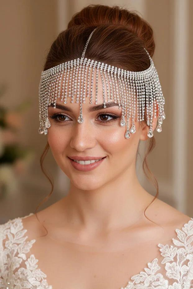 Damla Taşlı Yoğun Püsküllü Gelin Baştacı Abiye Saç Aksesuarı Alınlık