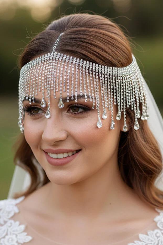 Damla Taşlı Yoğun Püsküllü Gelin Baştacı Abiye Saç Aksesuarı Alınlık