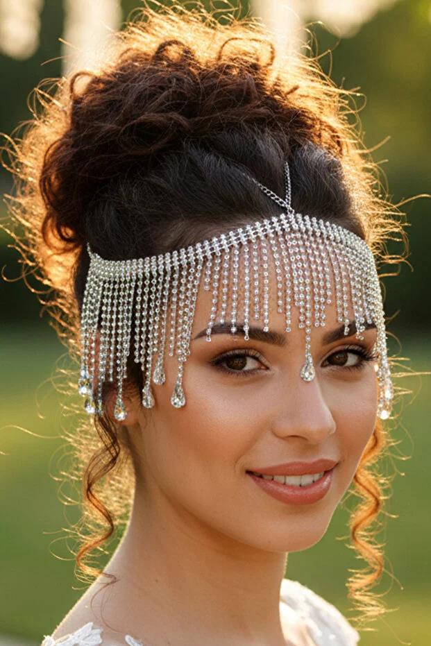 Damla Taşlı Yoğun Püsküllü Gelin Baştacı Abiye Saç Aksesuarı Alınlık