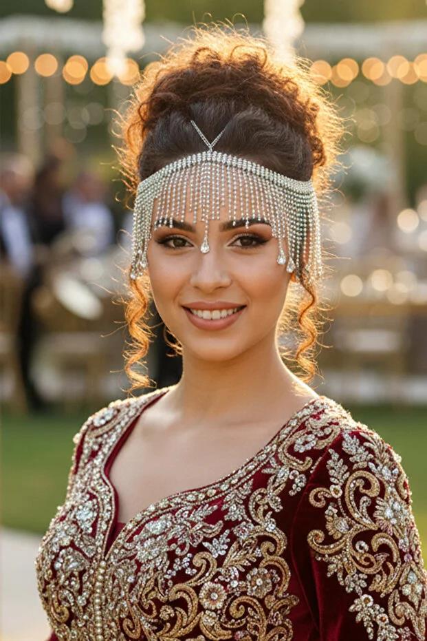 Damla Taşlı Yoğun Püsküllü Gelin Baştacı Abiye Saç Aksesuarı Alınlık