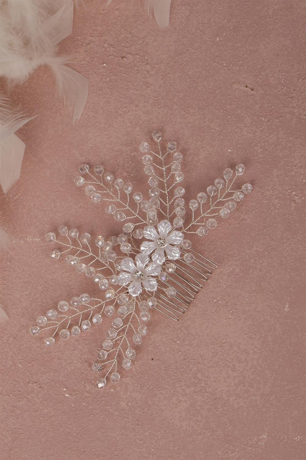 Ekru  Kristal İşlemeli Gelin Saç Ve Türban Aksesuarı