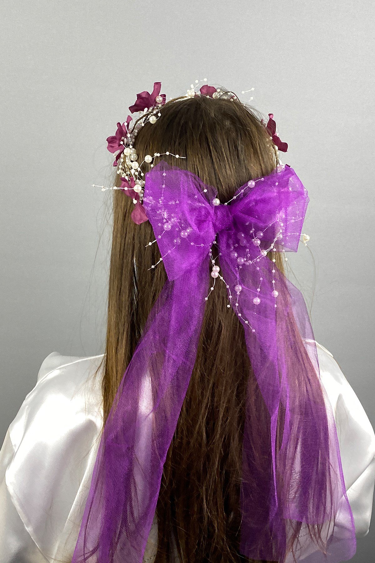 Fiyonklu Ortanca Çiçekli Özel Gelin Kına Tacı