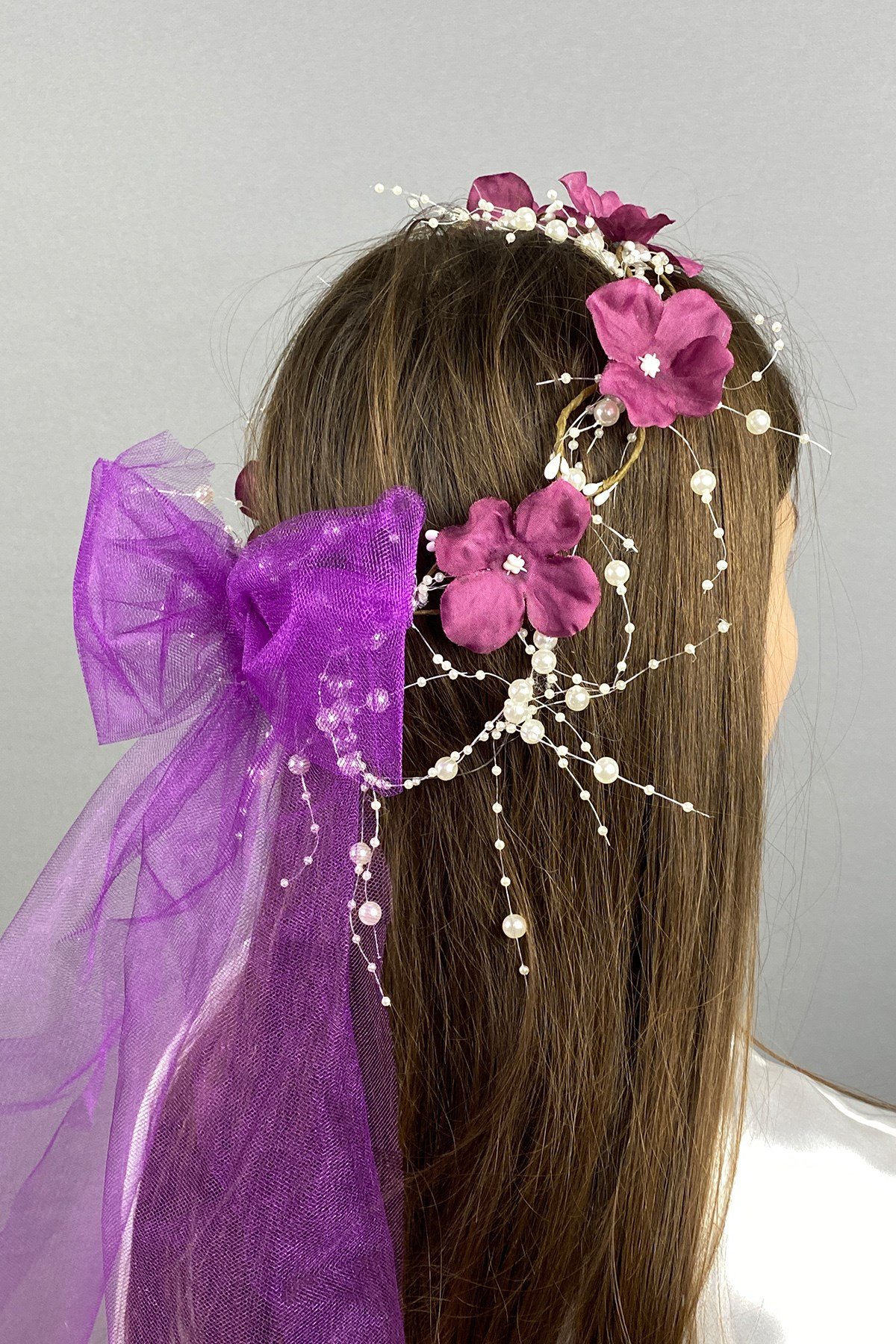 Fiyonklu Ortanca Çiçekli Özel Gelin Kına Tacı