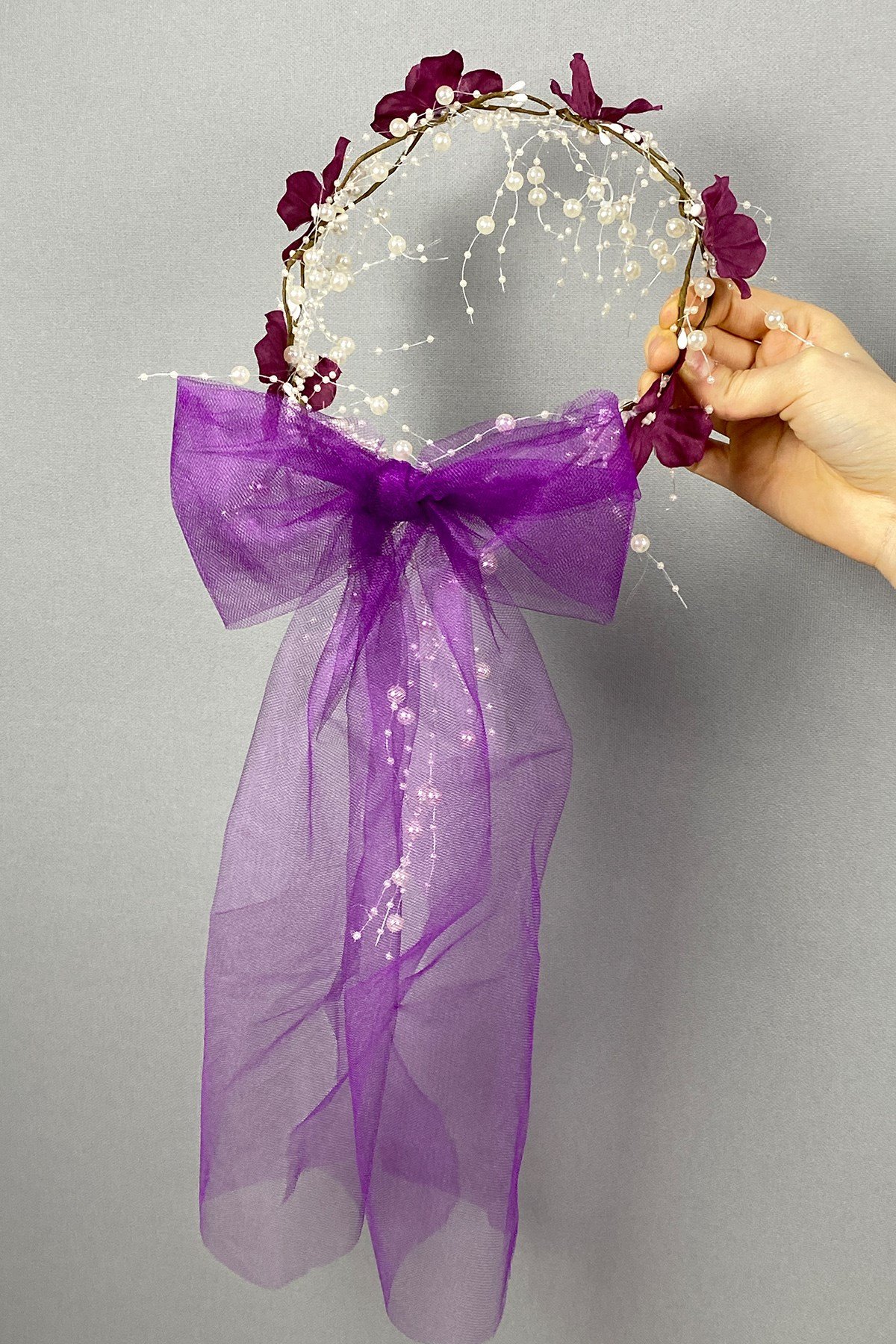 Fiyonklu Ortanca Çiçekli Özel Gelin Kına Tacı