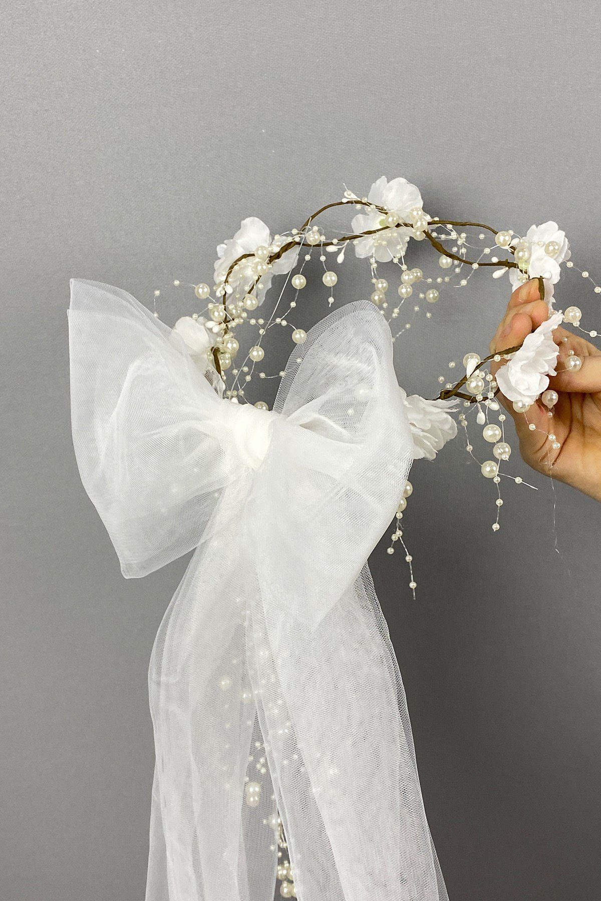 Fiyonklu Ortanca Çiçekli Özel Gelin Kına Tacı