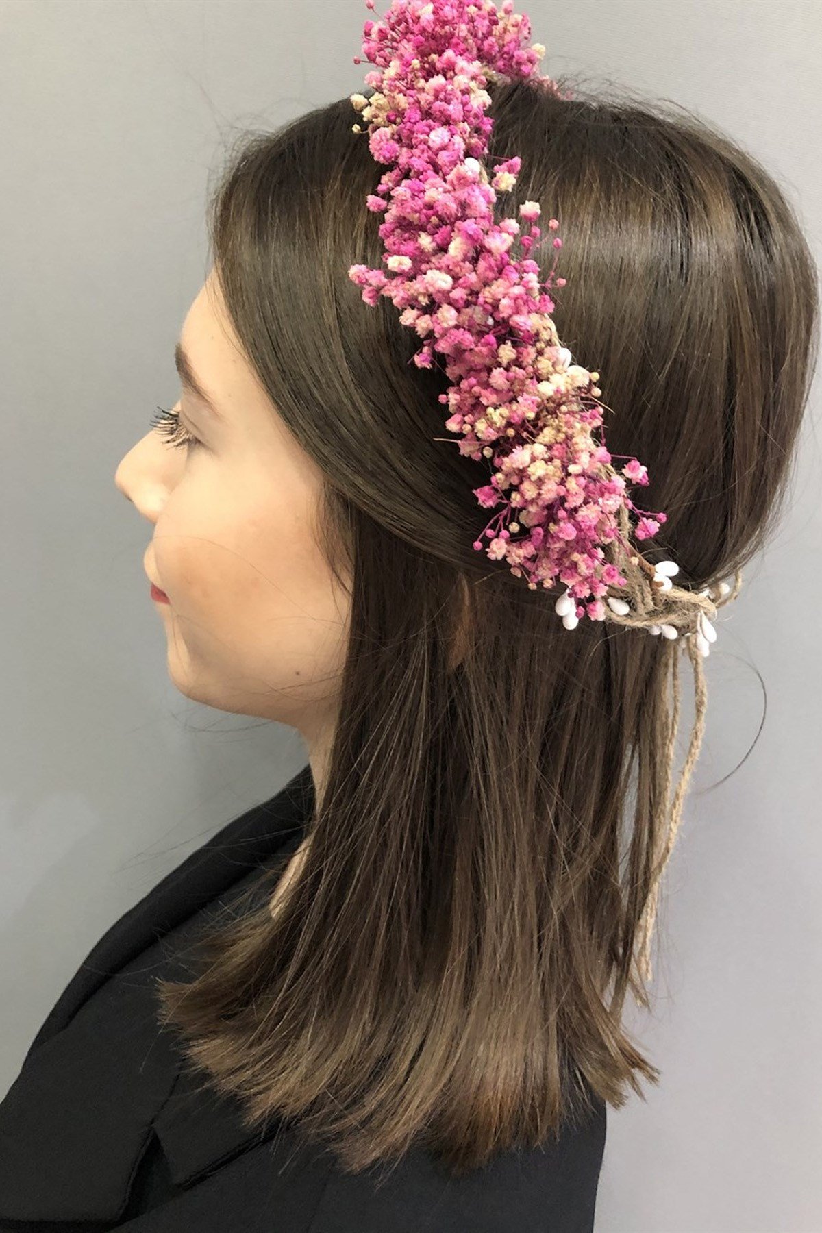 Fuşya Cipsolu Kuru Çiçekli Taç