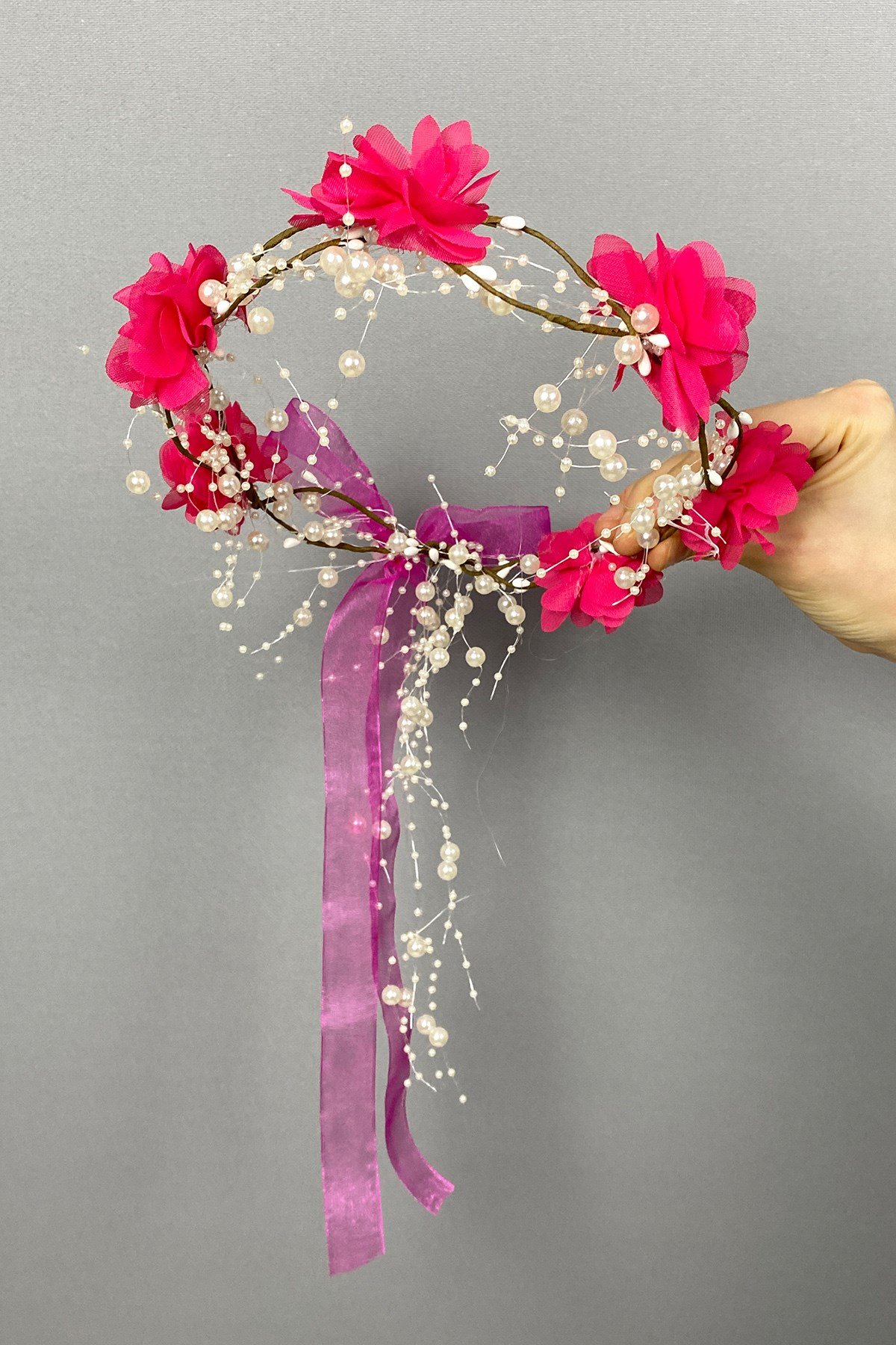 Fuşya Lazer Çiçekli Özel Tasarım Nedime Tacı 
