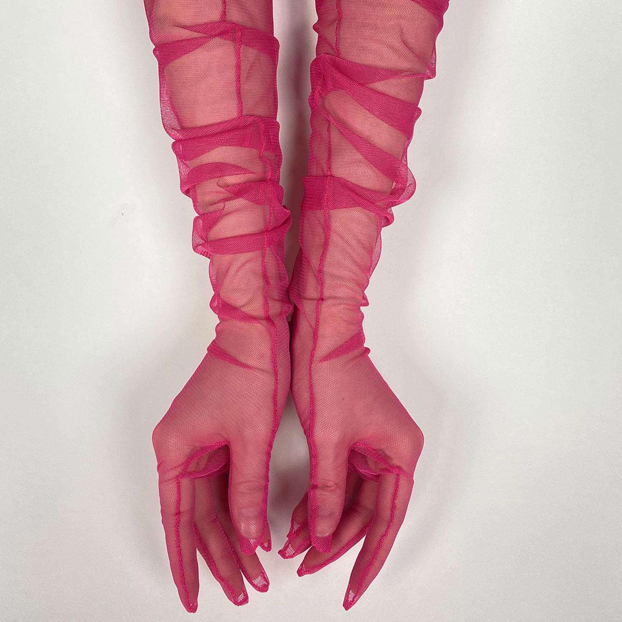 Fuşya Uzun Şık Gelin Eldiveni Tül Eldiven Nikah/Düğün/Parti Eldiveni