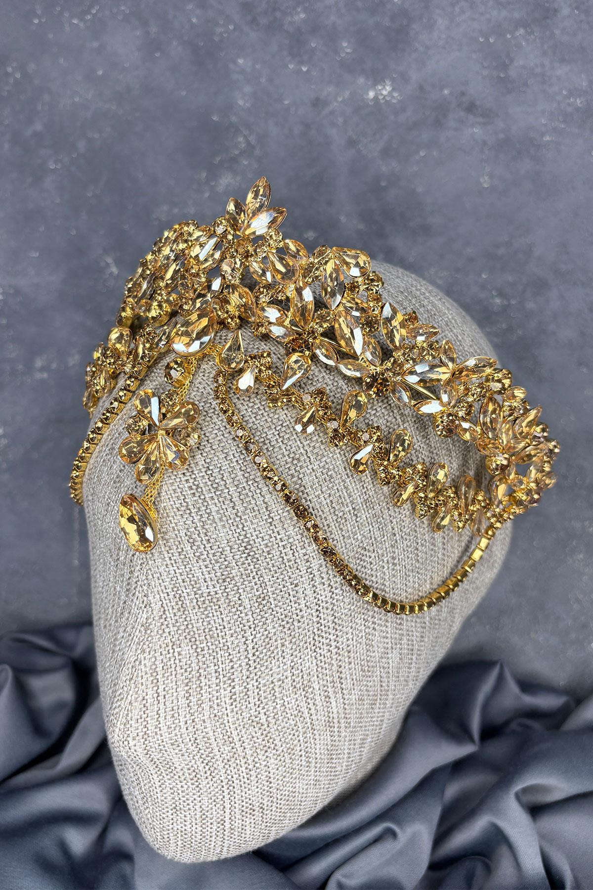 Gold Dali Alınlık Sallantılı Gelin Kına Tacı Saç Aksesuarı