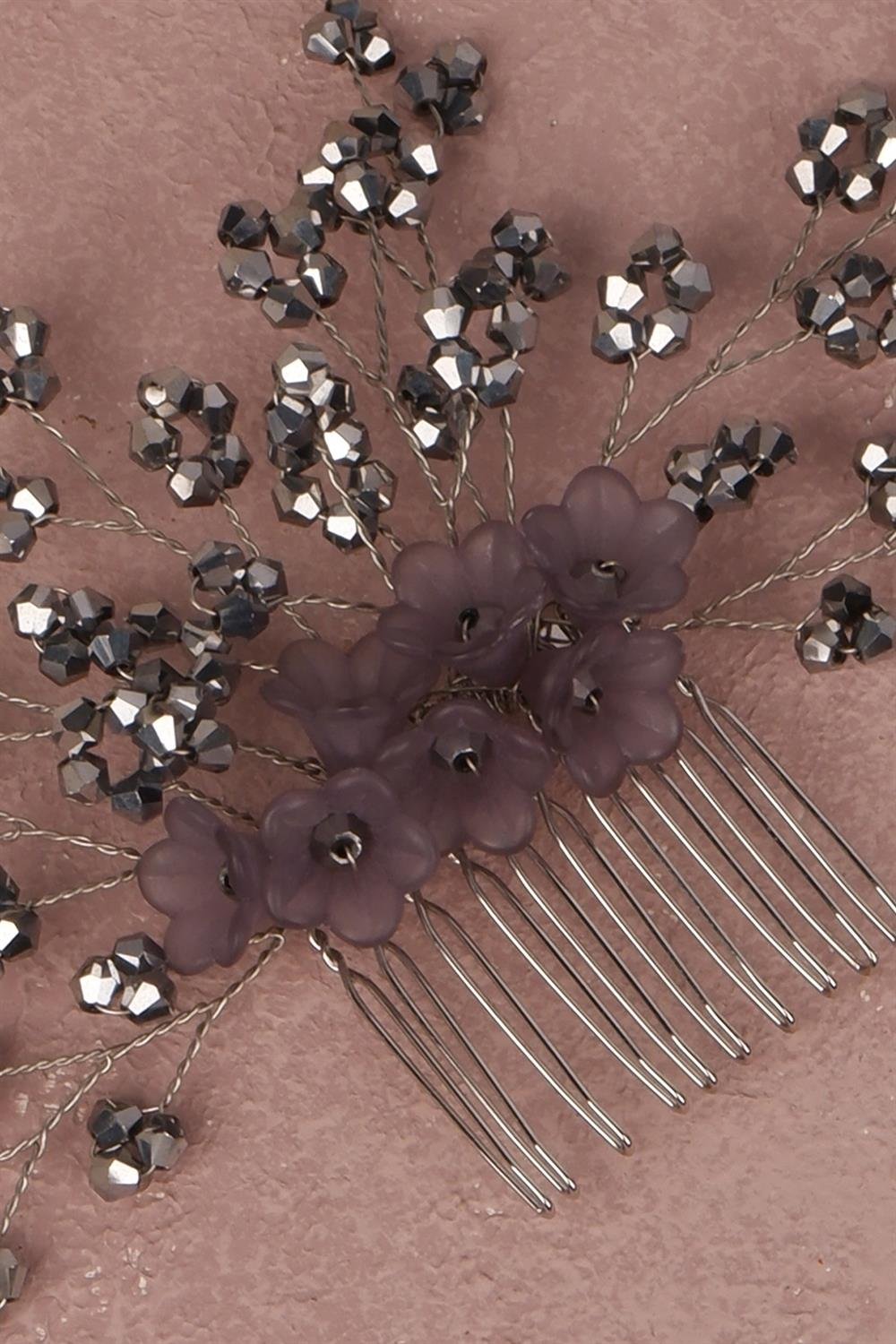 Gri Çiçek Boncuklu Gelin Saç Aksesuarı Tarak Tokası