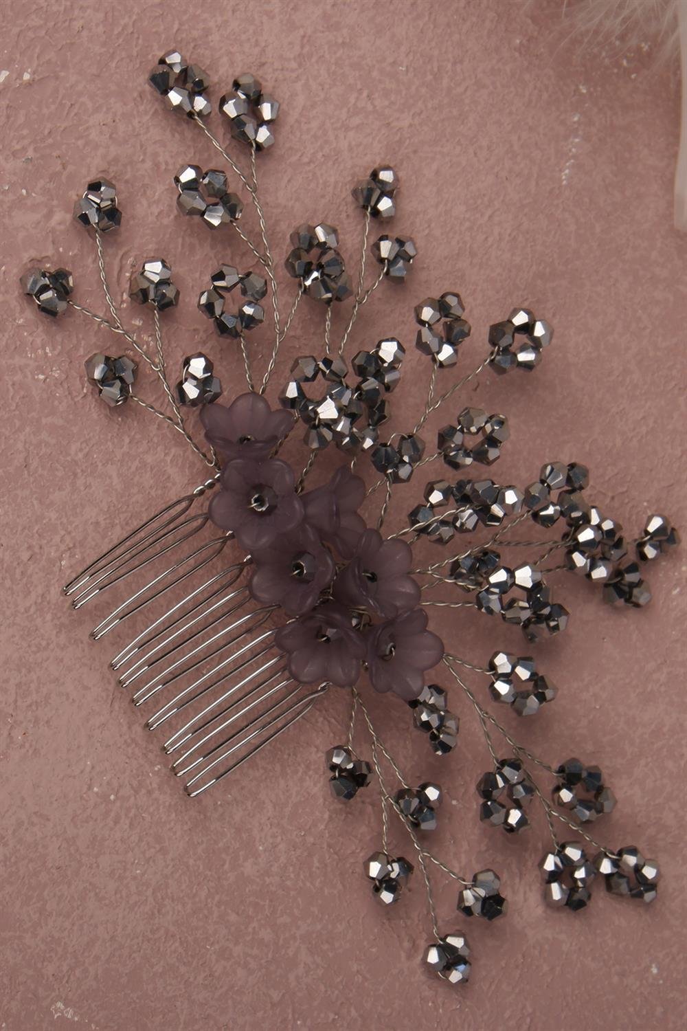 Gri Çiçek Boncuklu Gelin Saç Aksesuarı Tarak Tokası
