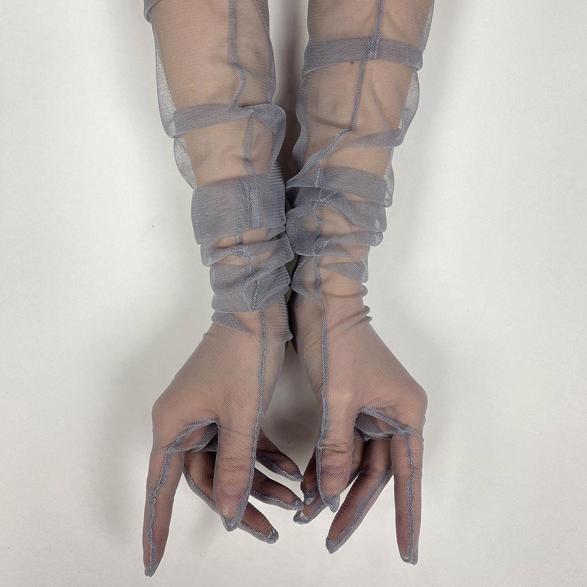 Gri Uzun Şık Gelin Eldiveni Tül Eldiven Nikah/Düğün/Parti Eldiveni