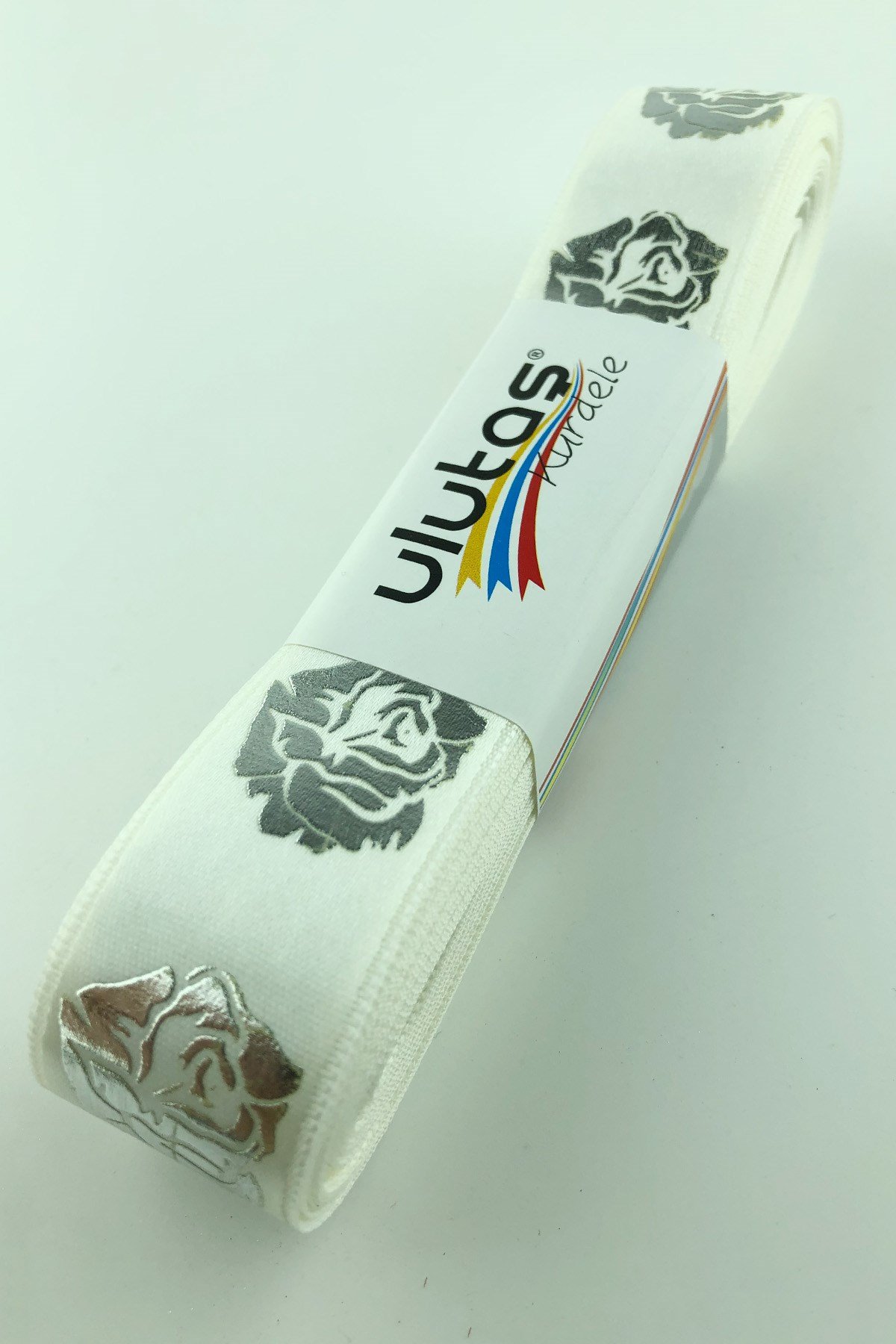 Gül Gümüş Varak Baskılı Saten Kurdele 2,5 cm