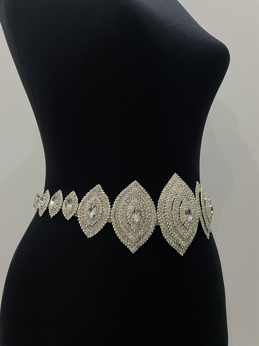 Gümüş Abiye Baklava Motifli Taşlı Kemer