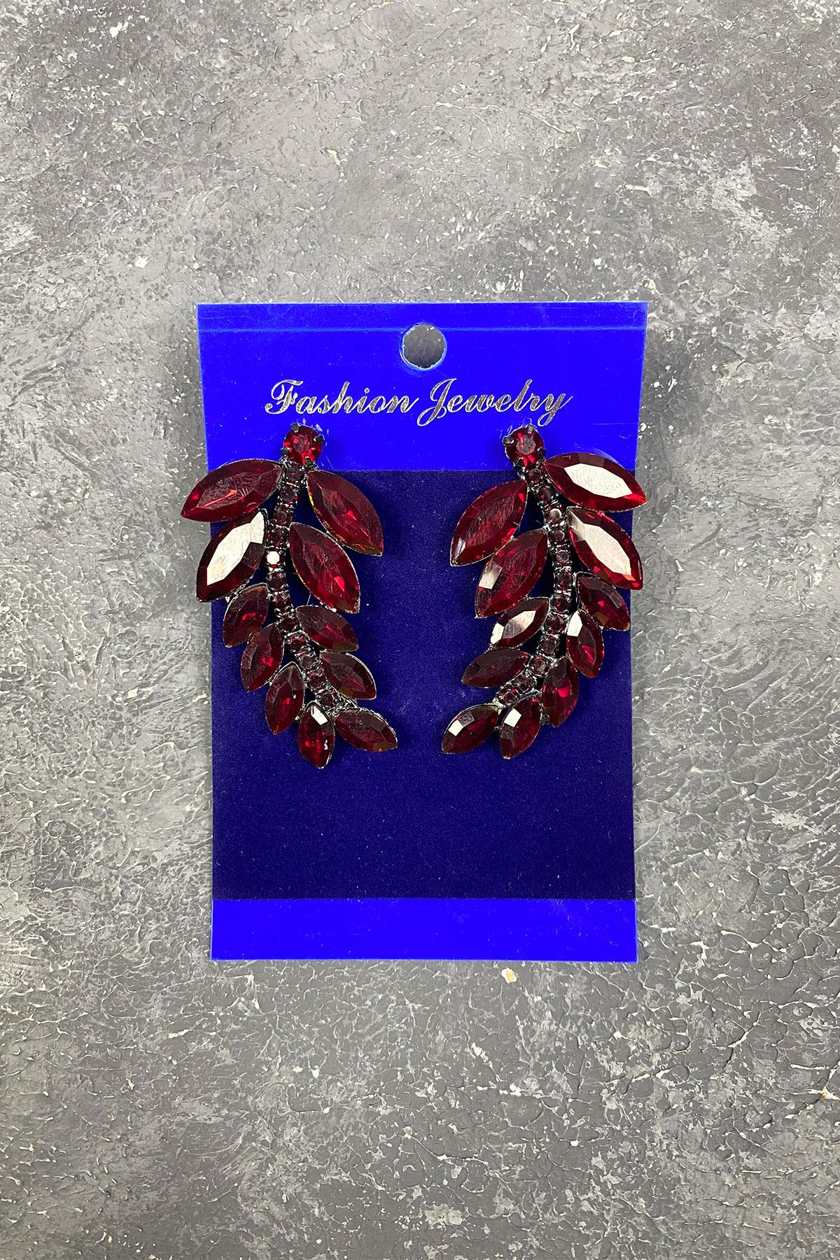 Gümüş Bor Yaprak Desen Ela Abiye Taşlı Gelin Küpesi