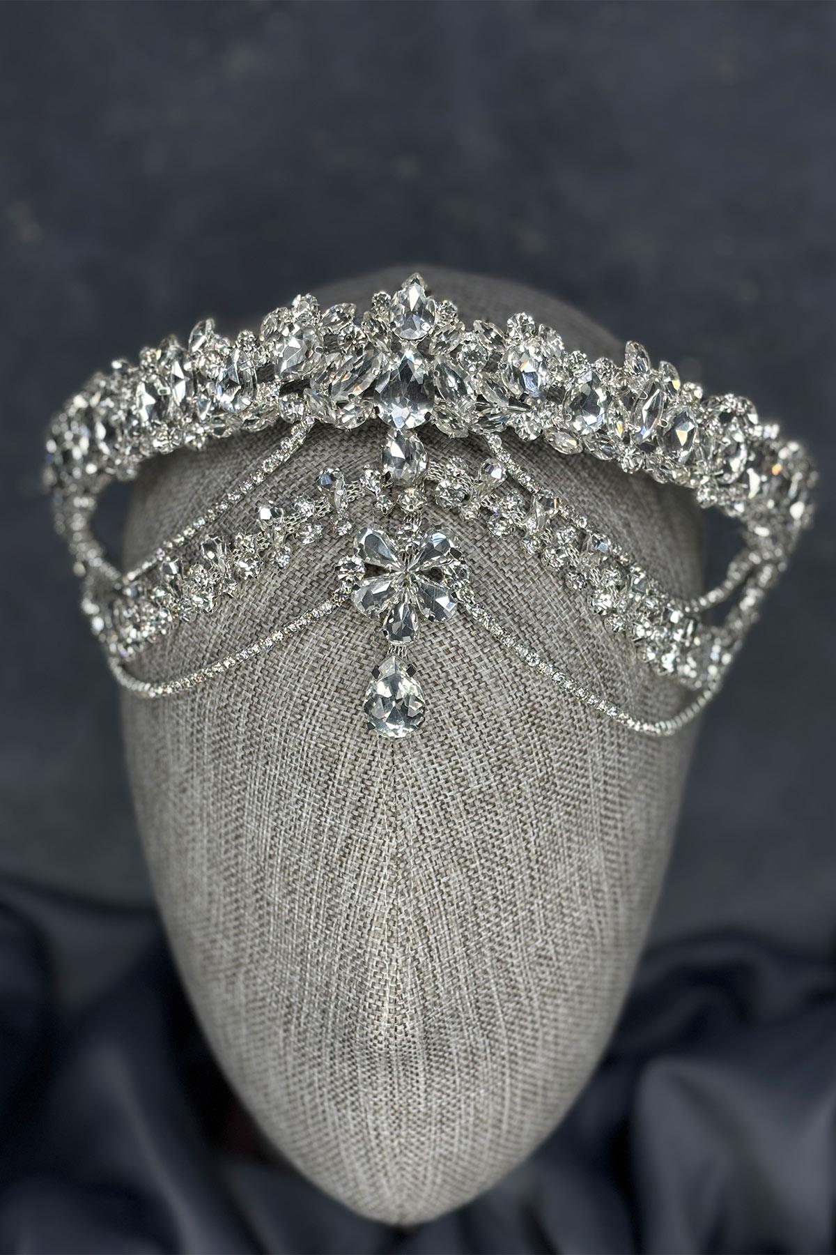 Gümüş  Hera Alınlık Sallantılı Gelin Kına Tacı Saç Aksesuarı