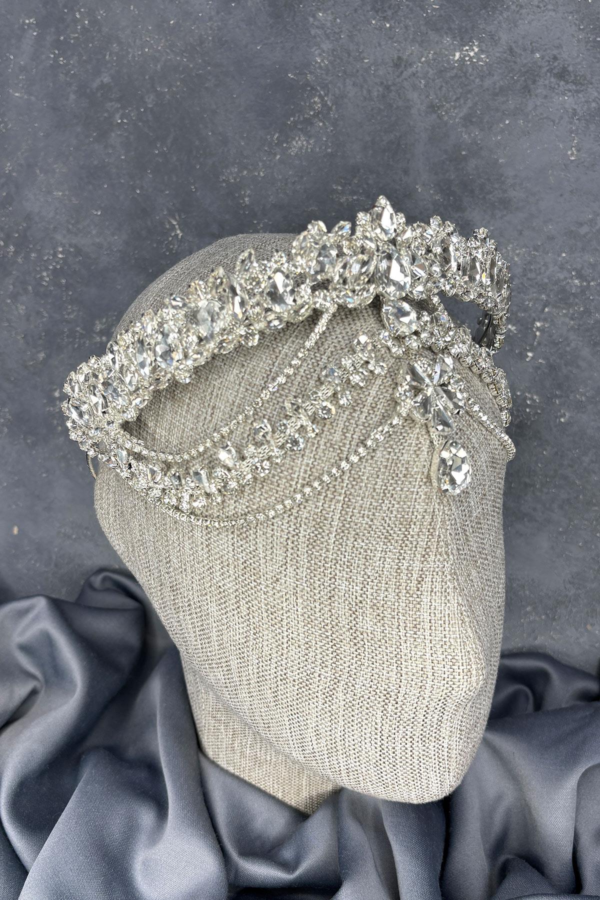 Gümüş  Hera Alınlık Sallantılı Gelin Kına Tacı Saç Aksesuarı