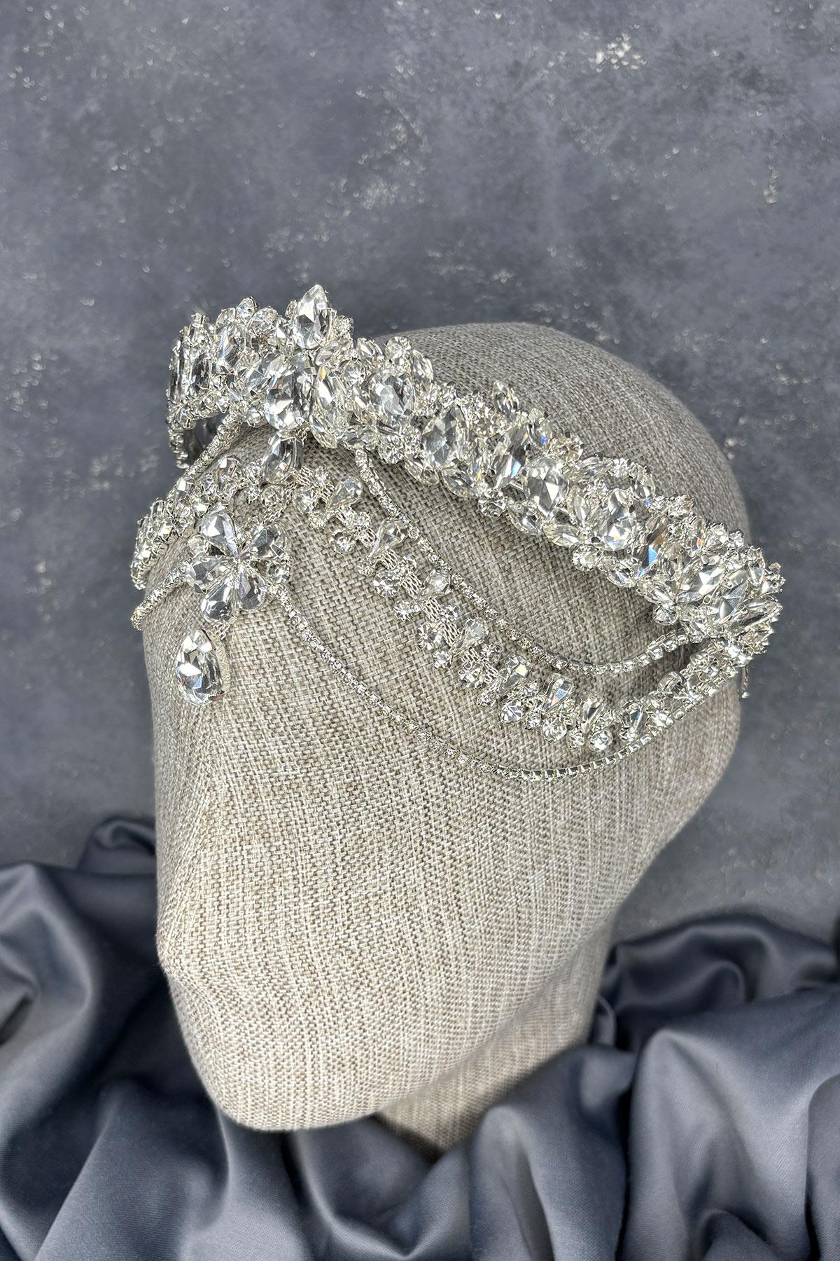 Gümüş  Hera Alınlık Sallantılı Gelin Kına Tacı Saç Aksesuarı