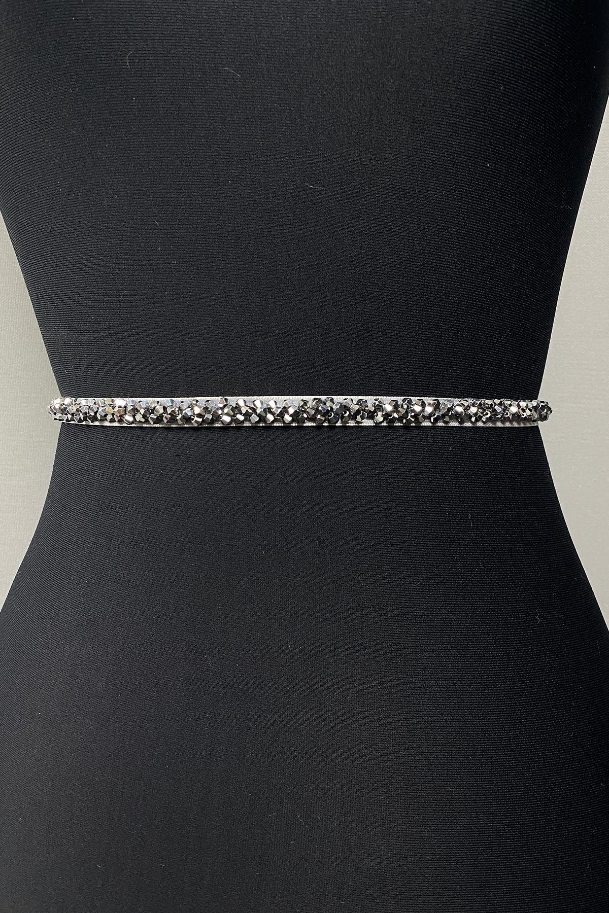 Gümüş Rengi Kristal Boncuklu Abiye Elbise Kemer Aksesuarı