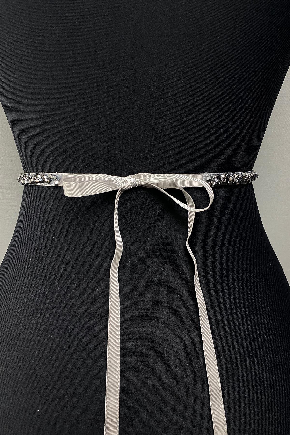 Gümüş Rengi Kristal Boncuklu Abiye Elbise Kemer Aksesuarı